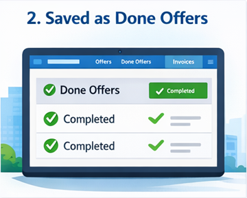 Brukerdashbord som viser fullførte transportoppdrag lagret som Gjennomførte tilbud på ExusTrans